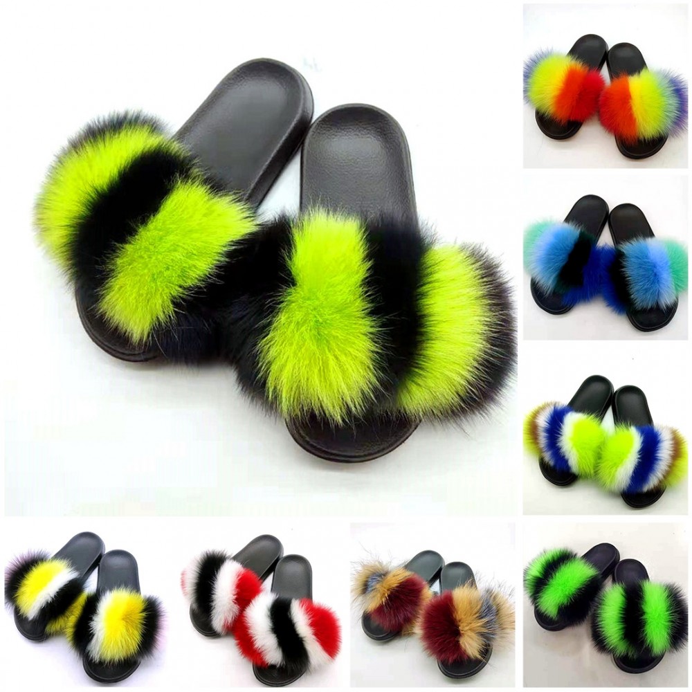Rainbow Multicolored Real Fox Fur Slides Slippers Soft Flat Sandals Shoes