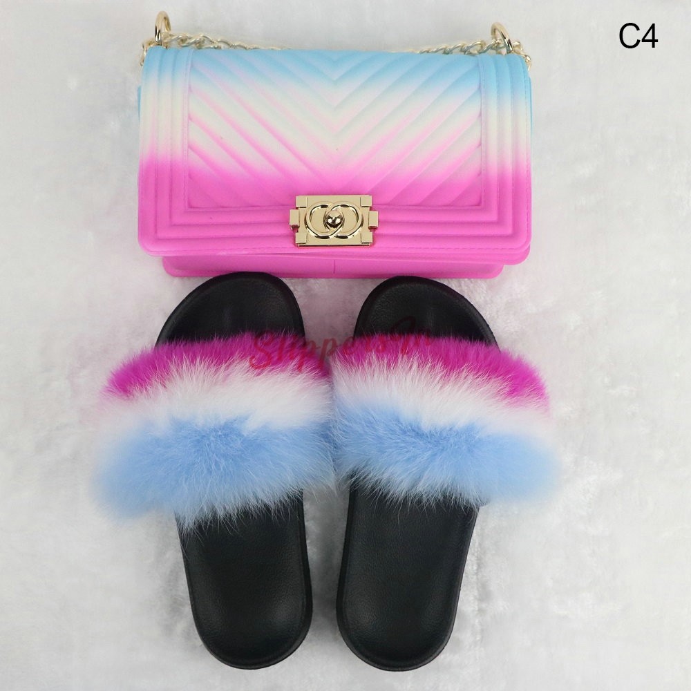 Rainbow Furry Slides with Matching Chain Purses
