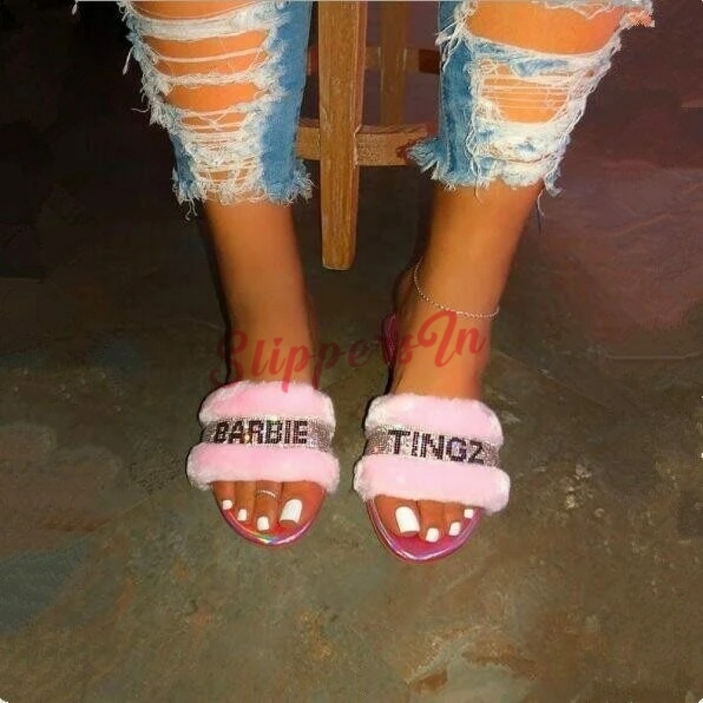 Shiny Pink Slides Women's Rhinestones Letters Fuzzy Slippers