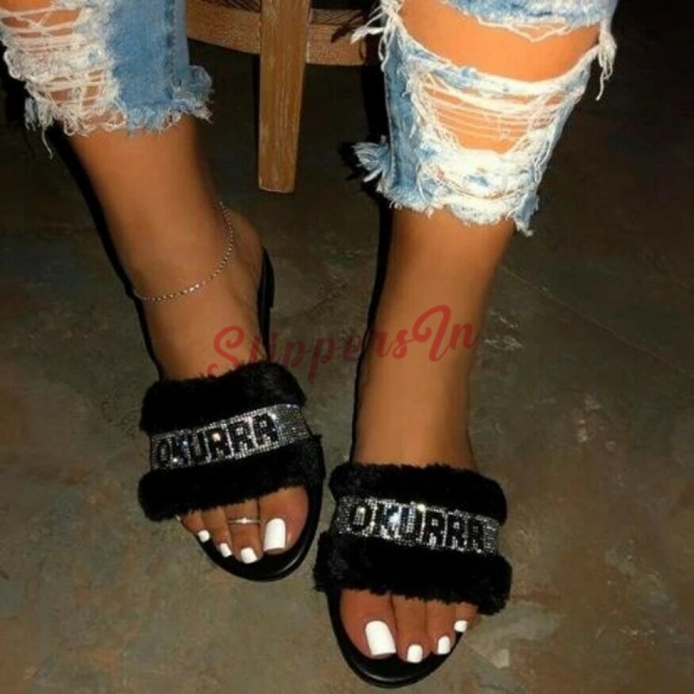 Pink Women's Diamond Bling Slides Fuzzy Furry Slippers Comfort Slip on  Sandals Summer Shoes