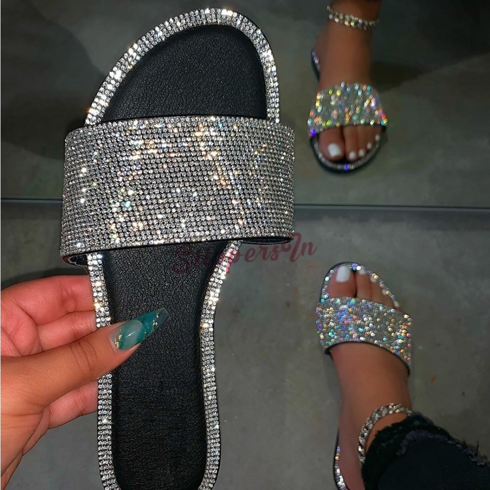 Scaring Canada Toxic Sparkly Rhinestone Slides Flat Sandals for Women