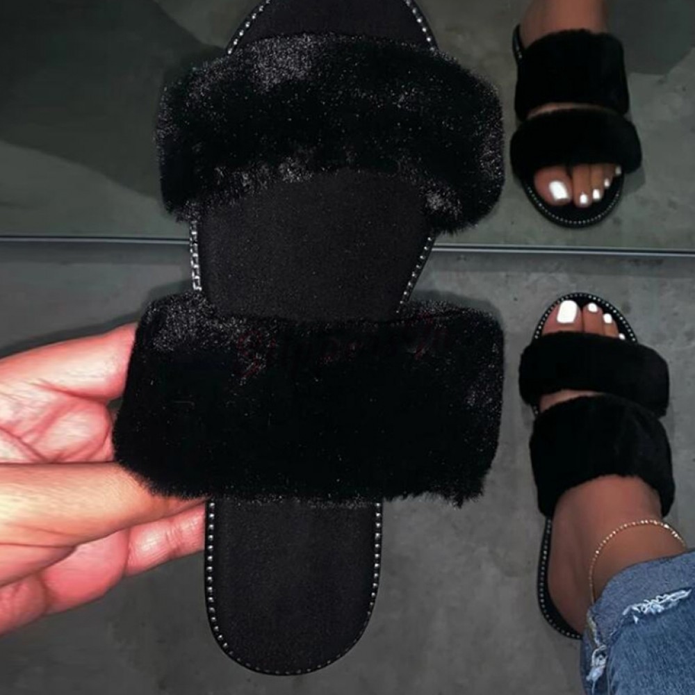 Chic Leopard Fur Slides Flat Women's Slide Sandals