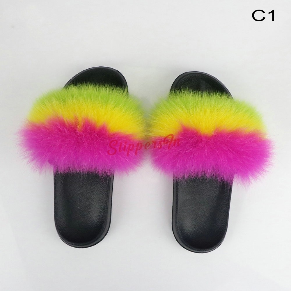 Rainbow Fur Slides with Matching Shoulder Bag Pom Pom Ball Set