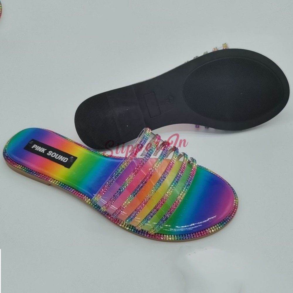 Rebecca Womens Summer Pineapple Shape Rhinestone Crystal Slip-on Slide Sandals Open Toe Single Band Non-Slip Flat Slippers 