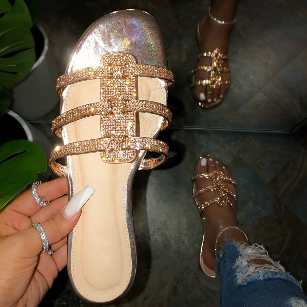 Shiny Silver Slide Sandals Rhinestone Women's Open Toe Sandals