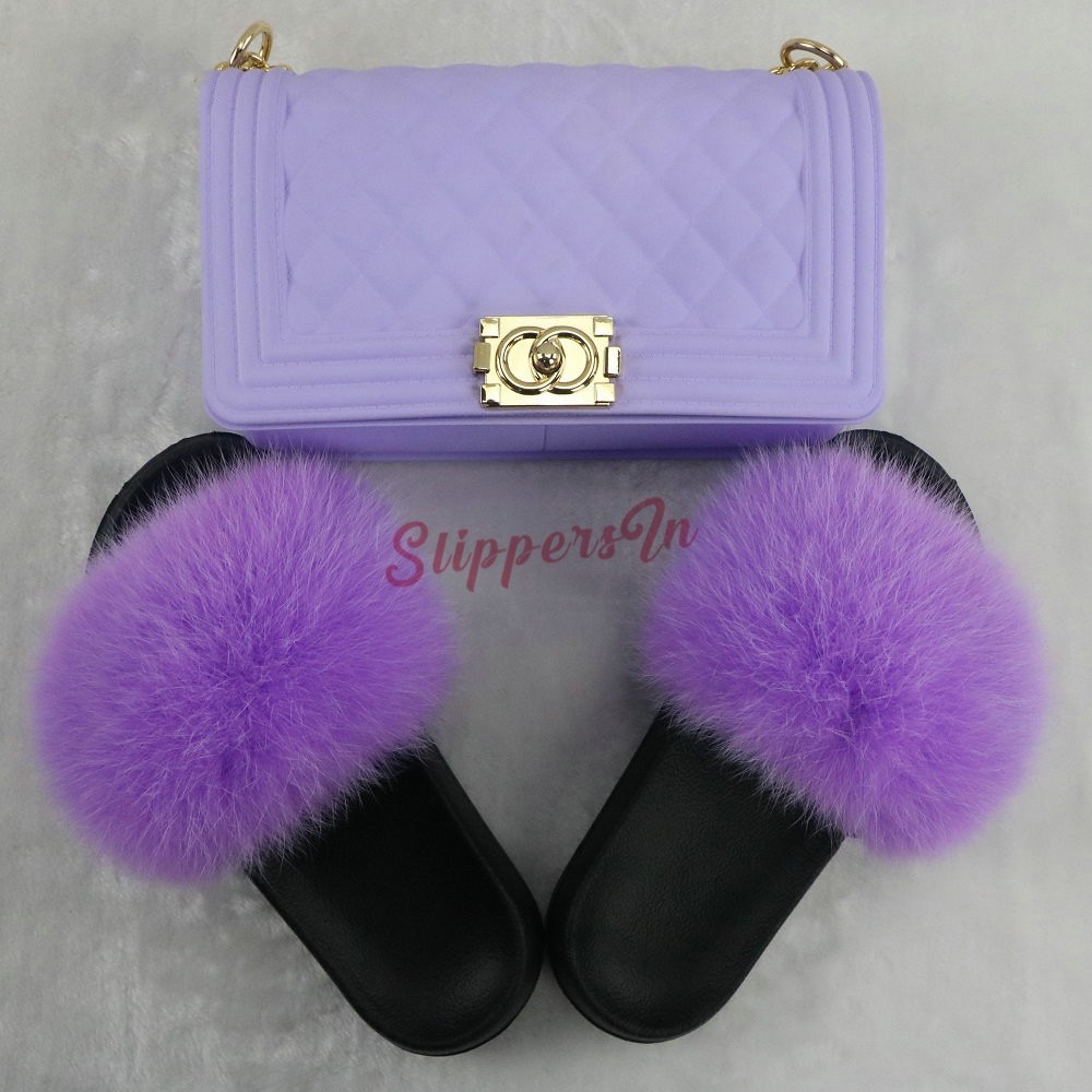 New In Fur Slides with Matching Purse Set