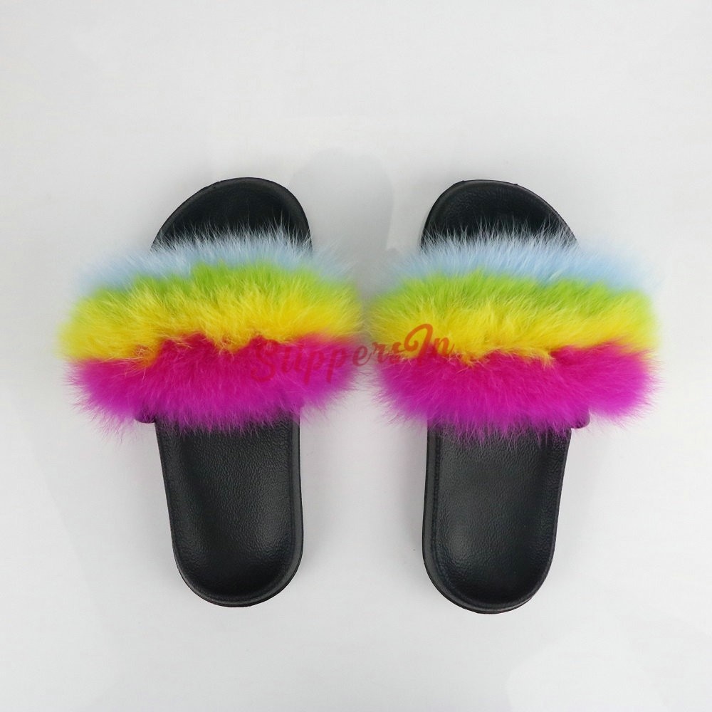 Chic Rainbow Fur Slides with Matching Retro Graffiti Shoulder Bag