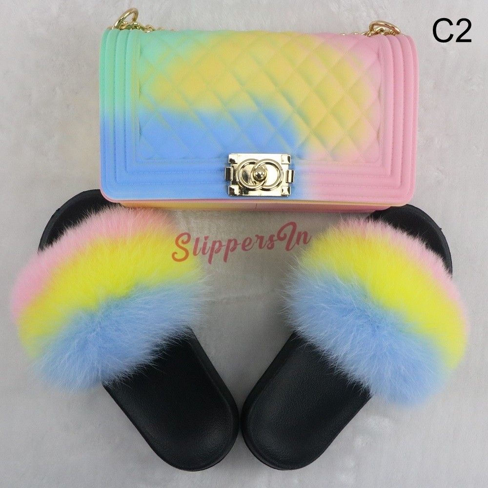 Macaron Color Fur Slides with Matching Shoulder Bags