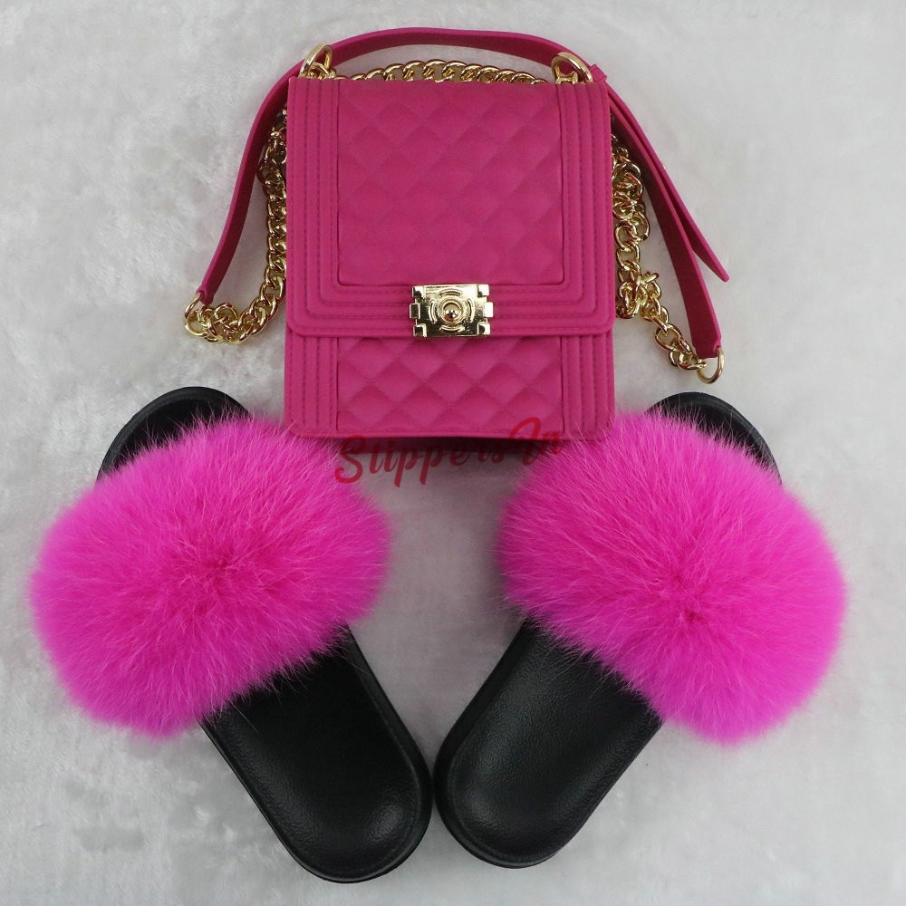 Pink Fur Slides with Matching Jelly Phone Bag Set