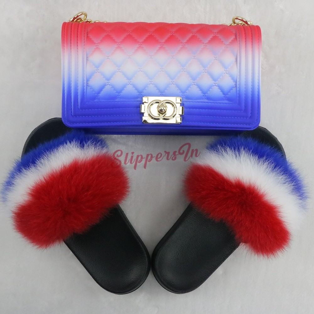 French Fur Slides with Matching Jelly Purse Set