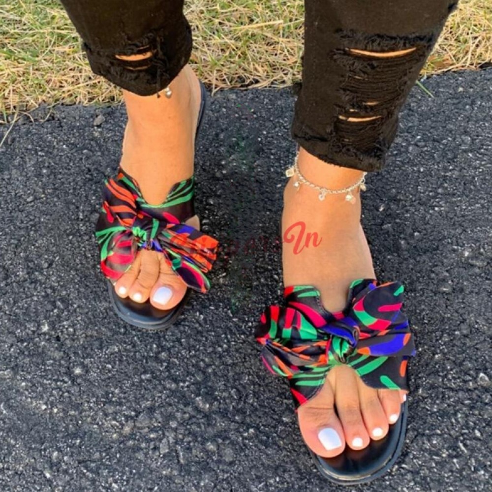 Sandals for Women Flat,Slide Sandals for Women Cork Sole Canvas Summer Cute Knot Bow Ladies Slides Sandals for Women 