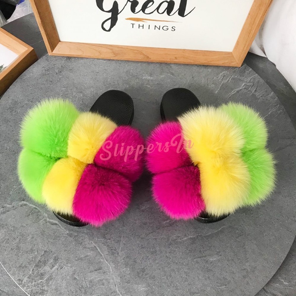 Colorful Slides Pom Ball Furry Slippers