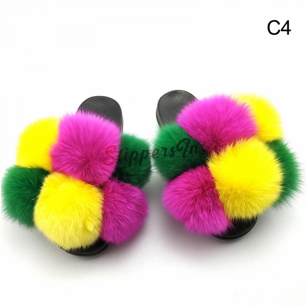 Cute Pom Pom Fur Slides Fluffy Multi-color Furry Slippers