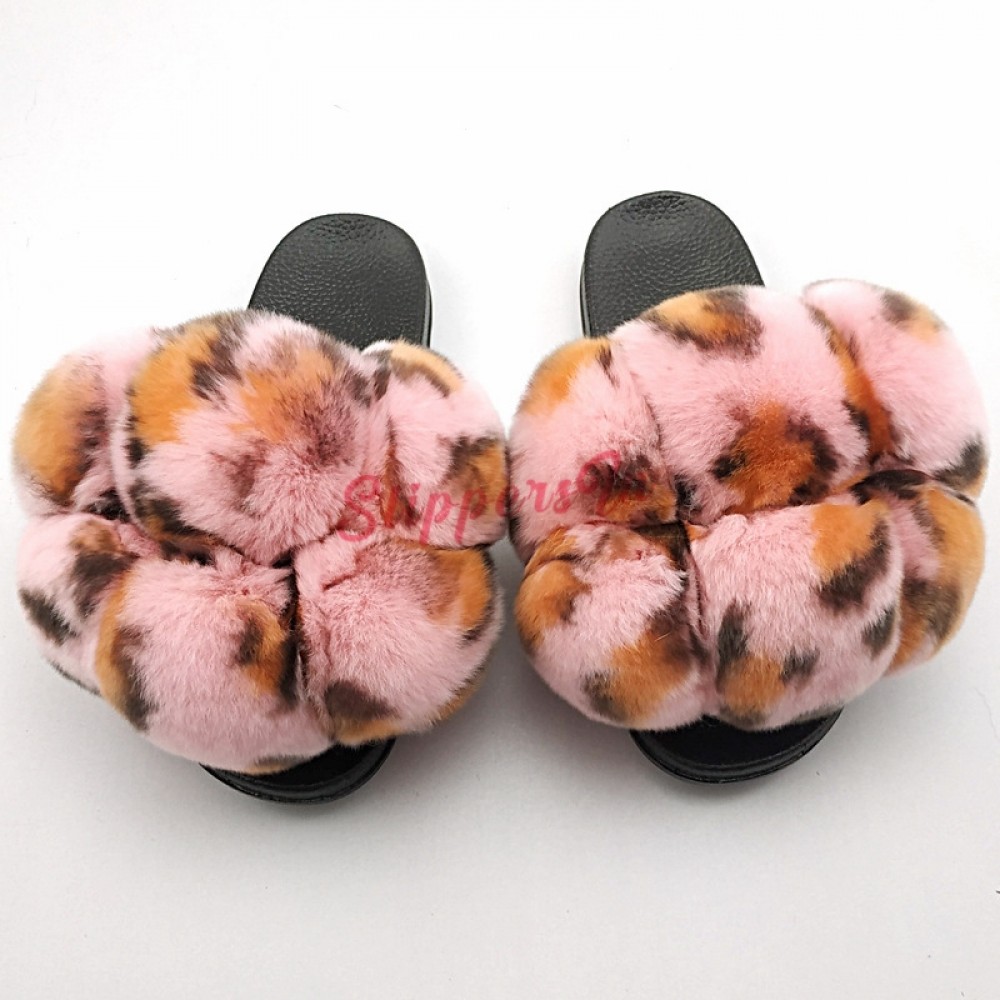 Leopard Fluffy Slides Slippers Fur Sandals for women and girls Real Fuzzy pompoms Furry Slippers Genuine Rabbit Poms Brown Leopard Print