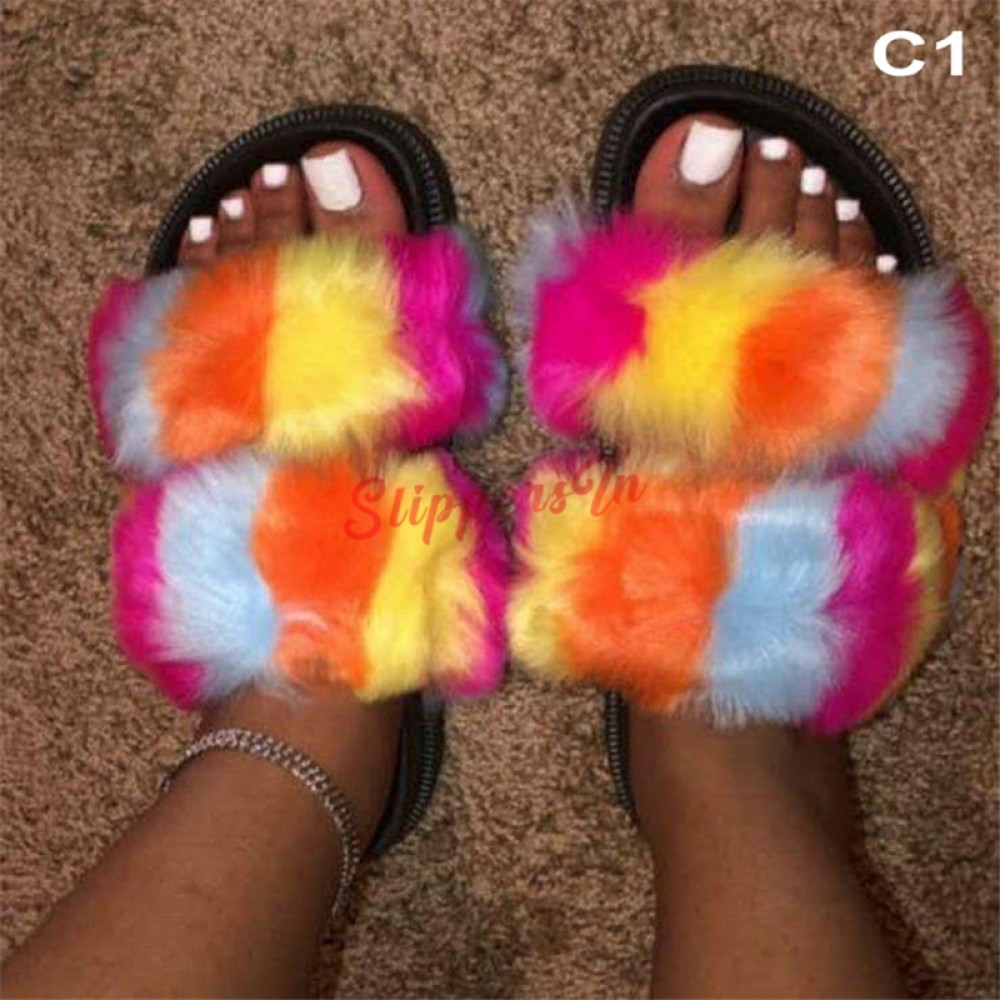 Double Strap Faux Fur Slides Colorful Fur Sandals