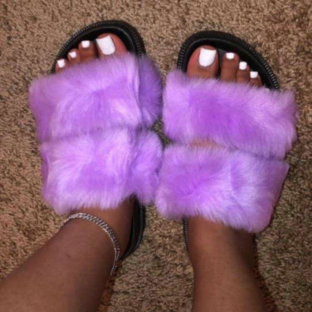 Chic Double Strap Fur Slides Solid Color Faux Fur Sandals