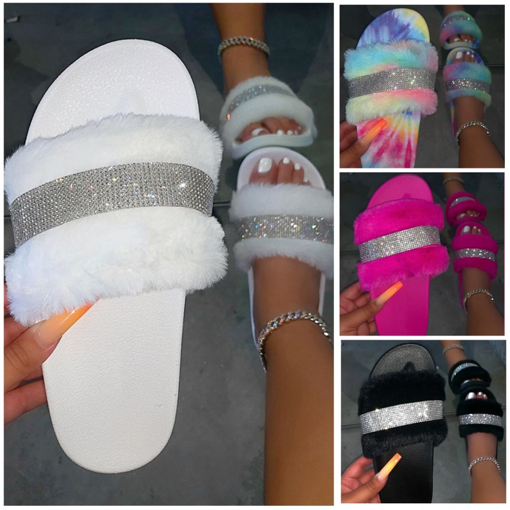 Women's Fuzzy Slide Sandals Rhinestones Open Toe Flat Slippers