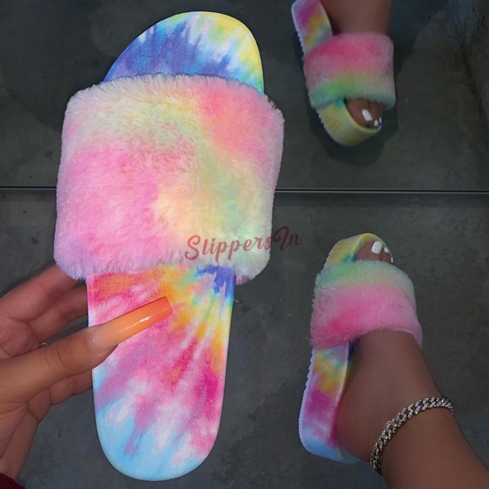 Women Ladies Fluffy Tie Dye Slippers Furry Slides Fur Platform Outdoor Sandals 