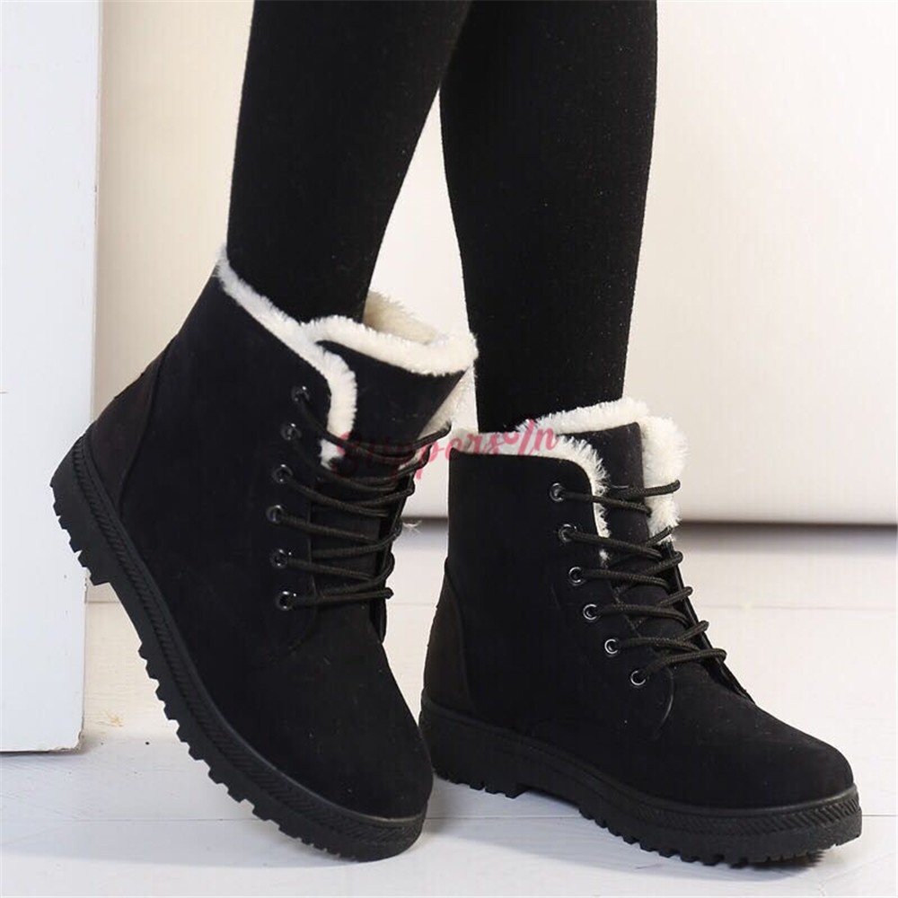 Vibola Women Ankle Boots Lace Up Suede Warm Fur Lined Anti-Slip Flat Bottom Work Combat Boots Winter Snow Boots
