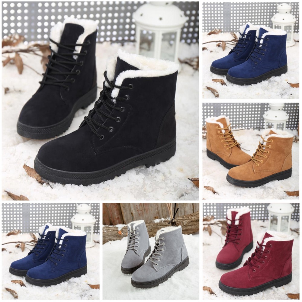 Vibola Women Ankle Boots Lace Up Suede Warm Fur Lined Anti-Slip Flat Bottom Work Combat Boots Winter Snow Boots