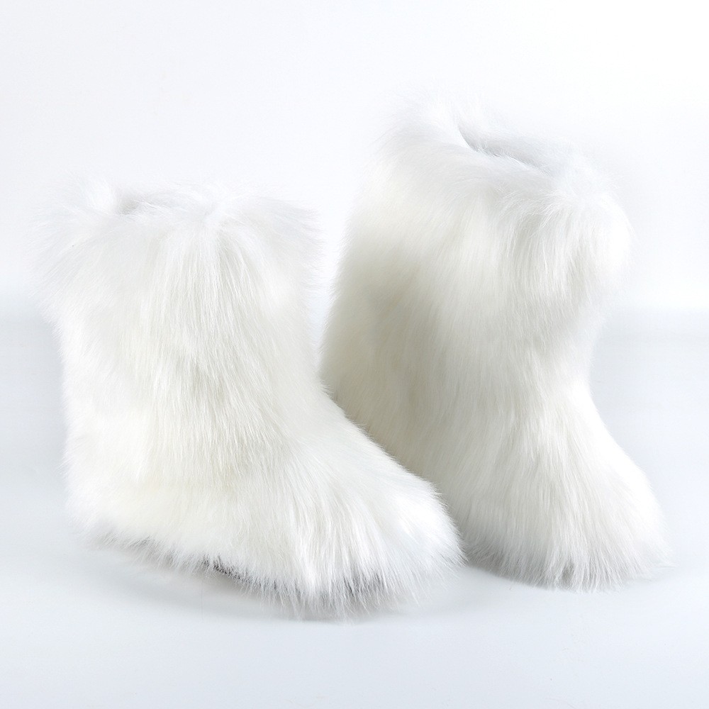White Faux Fur Boots Fluffy Mid Calf Winter Boots