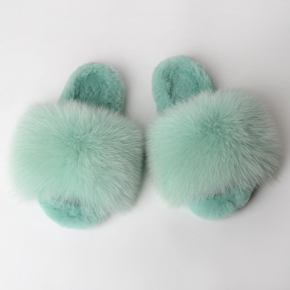 Mint Green Fur Slides Warm Open Toe 