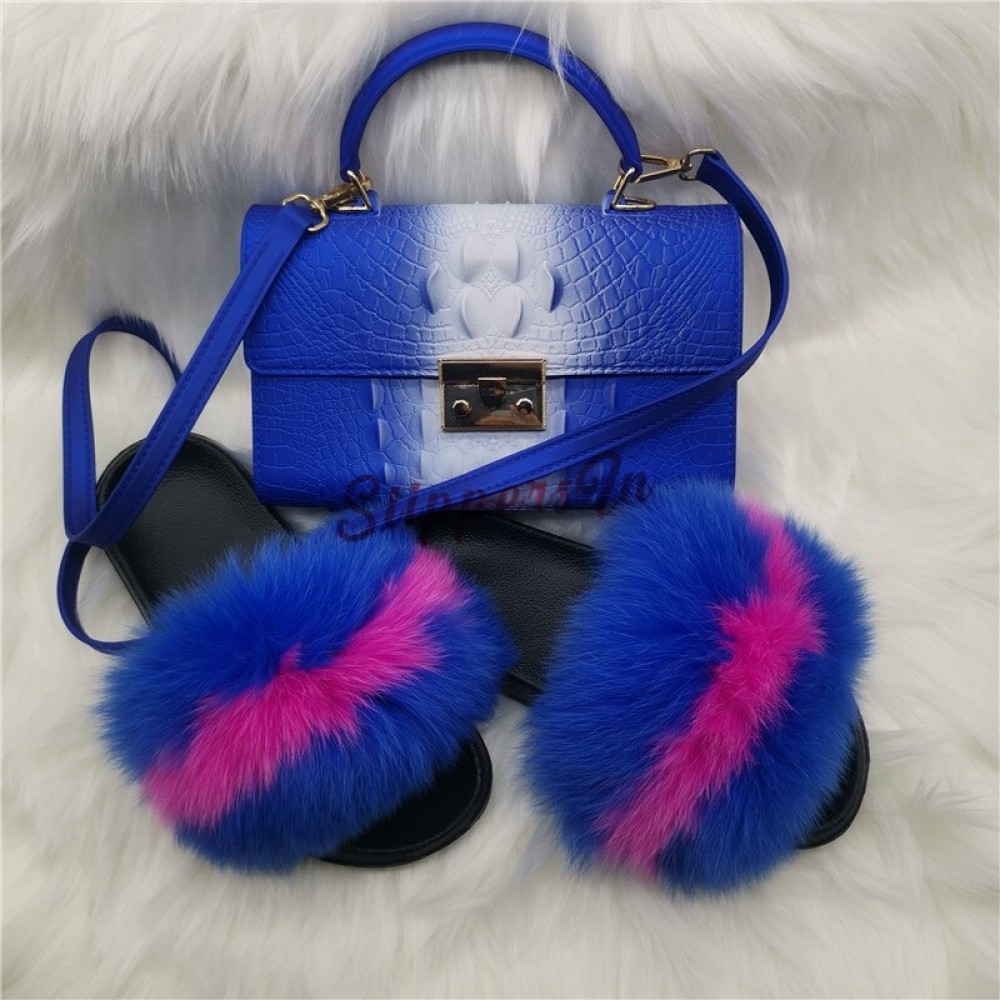 Royal Blue Fur Slides with Matching Alligator Print Shoulder Bag