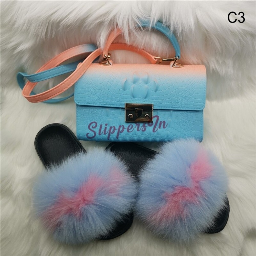 Sky Blue Matching Fur Slides and Alligator Print Jelly Handbag Set
