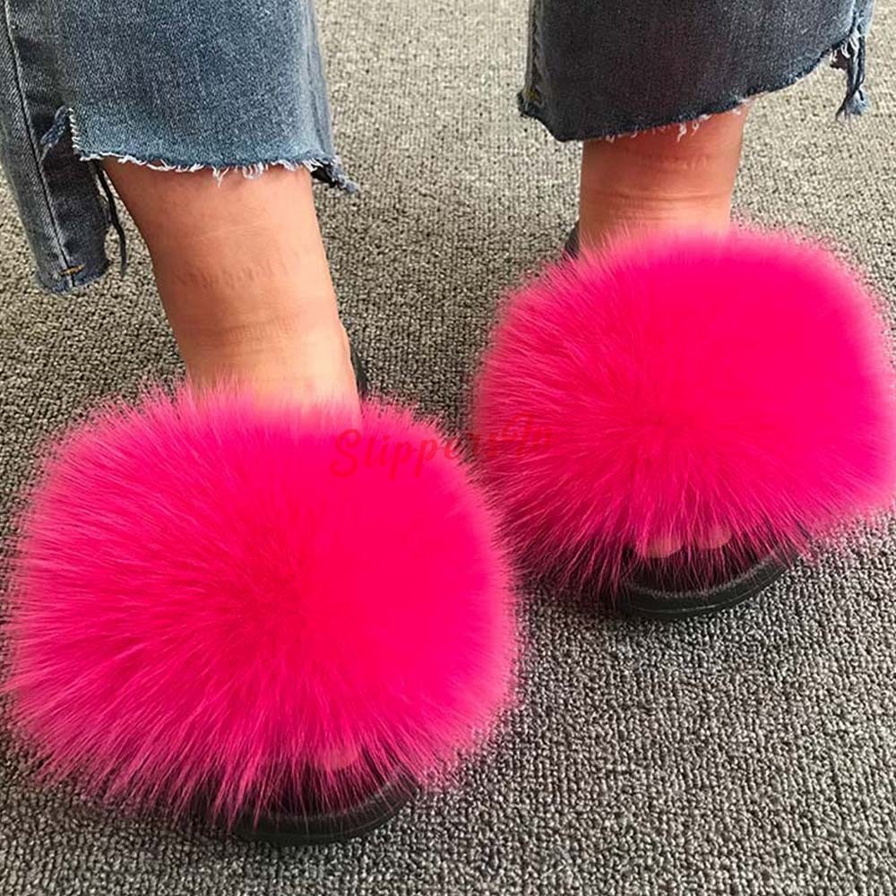 Fluffy Big Fur Slides Colorful Flat Fur Slippers