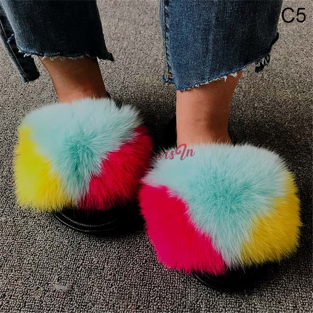 Multi-Color Big Fur Slides Women's Fluffy Furry Slides