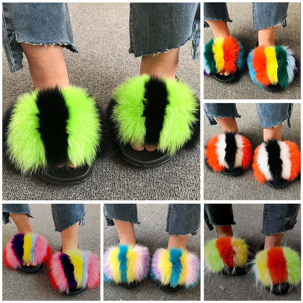 Multi-Color Striped Fur Slides Fluffy Big Furry Slippers