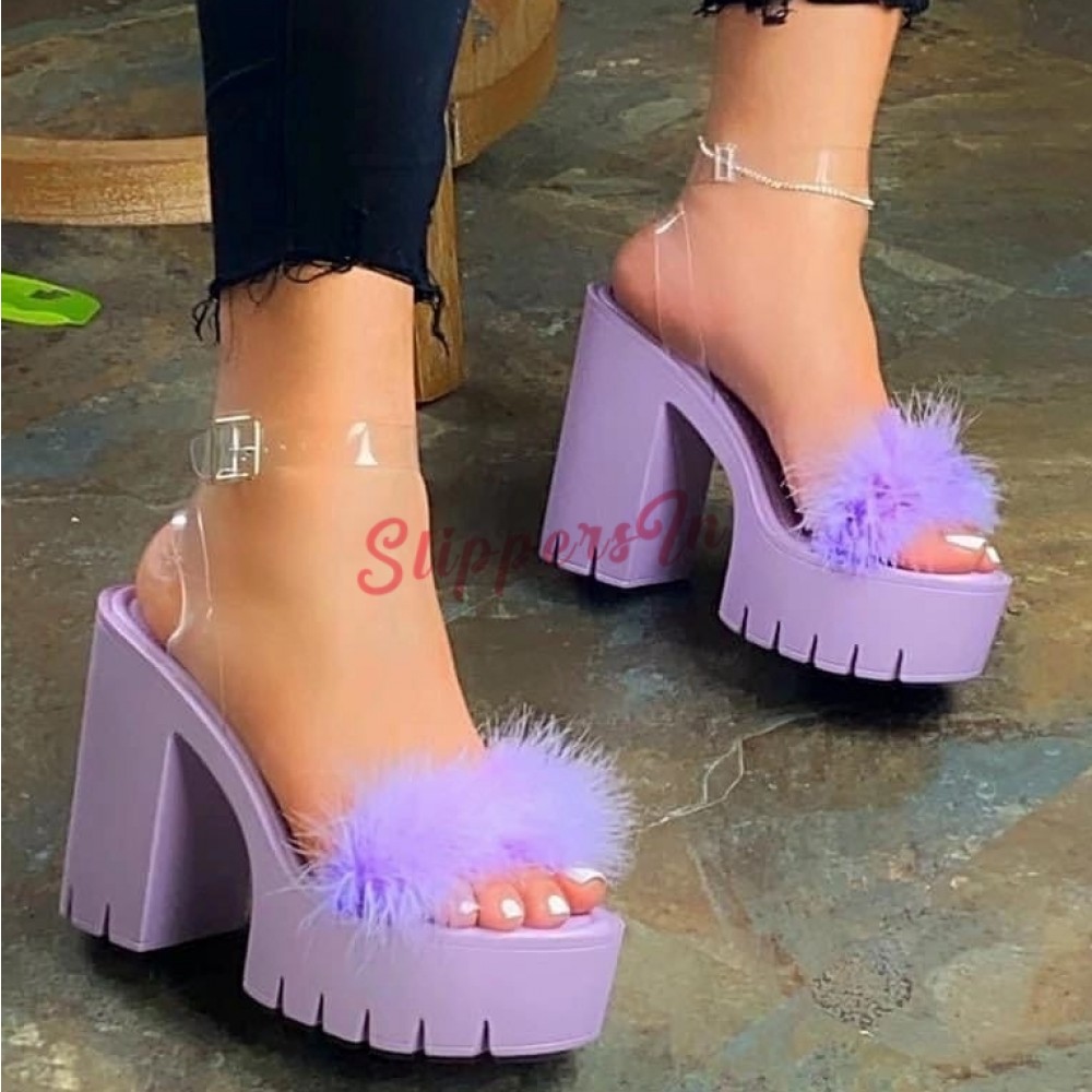 Clear Purple Tint High Heel Ankle Strap Sandal Rhinestone Platform Women Shoes 