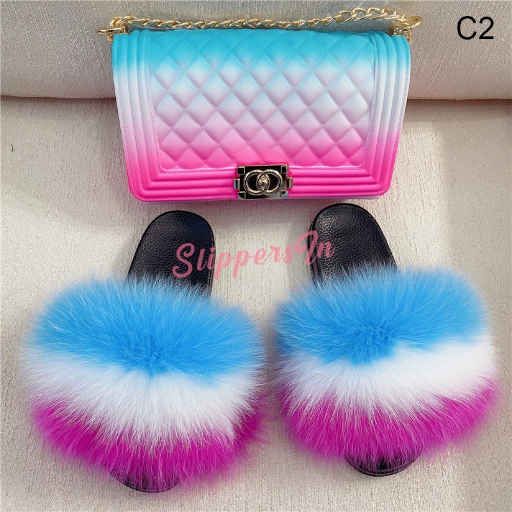 New Multi-Color Fur Slides with Matching Ombre Jelly Bag Set