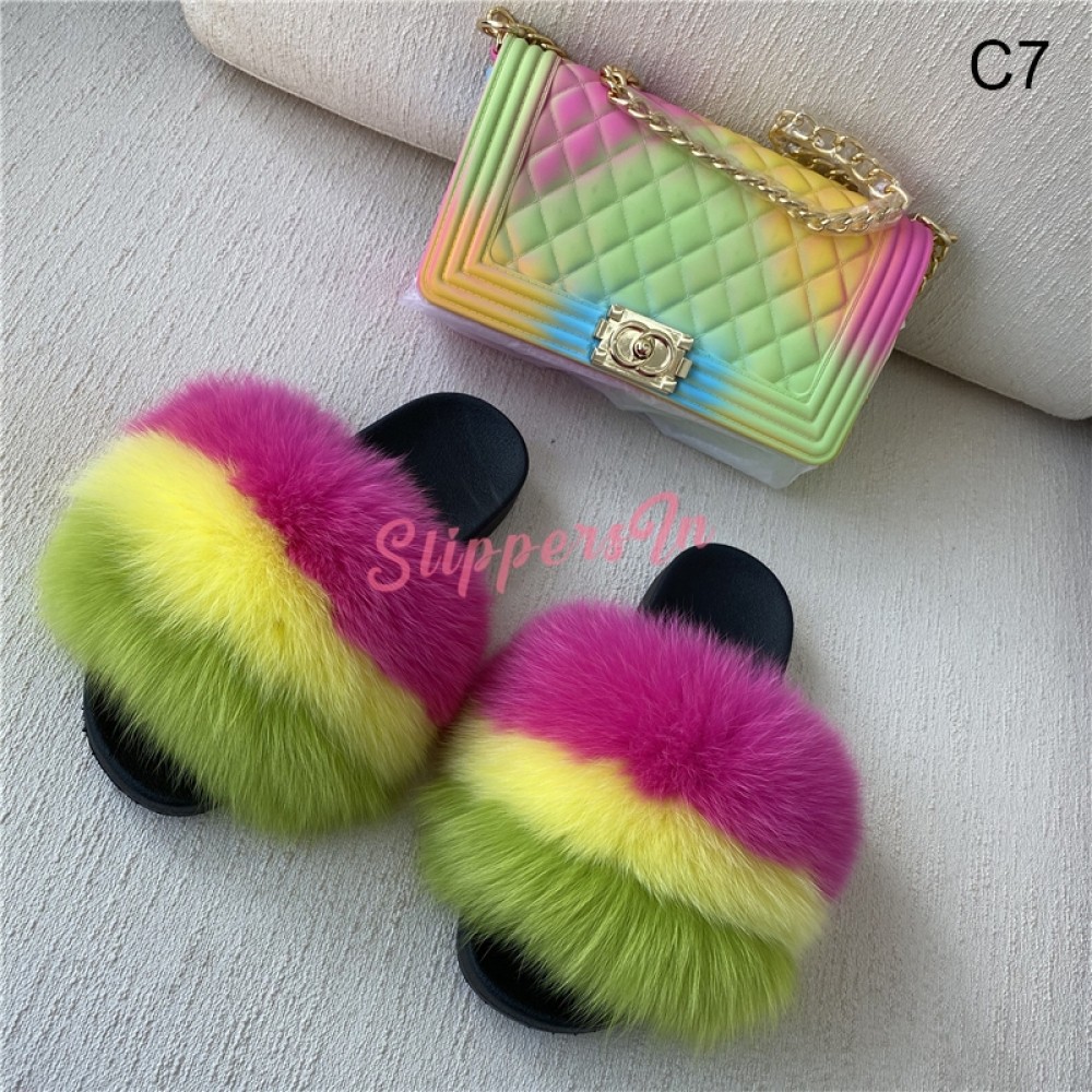 New Multi-Color Fur Slides with Matching Ombre Jelly Bag Set