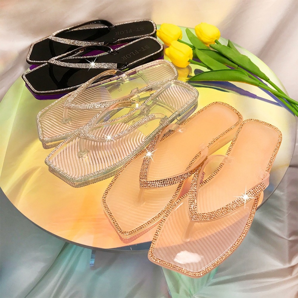 Jelly Sandals Flat Rhinestone Flip Flops for Women