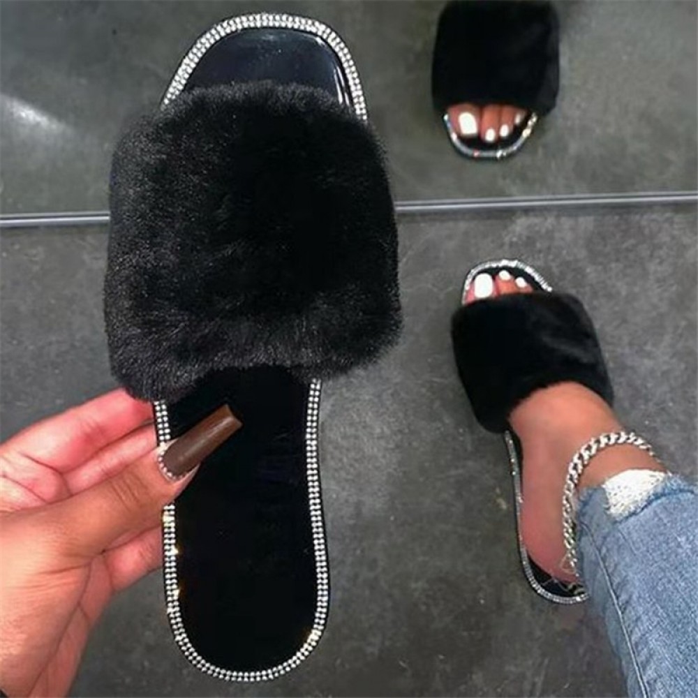 Womens Rhinestone Fluffy Platform Slippers Flat Sliders Sandals Mules Shoes Size