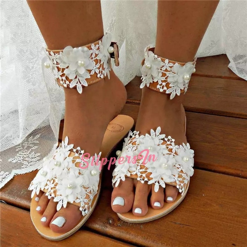 Sandals for Women Elegant Flowers Pearls Slippers