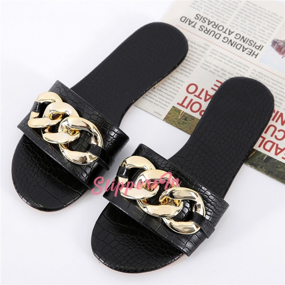 Fashion Flat Leather Sandals Women's Big Chains Decorated Slippers