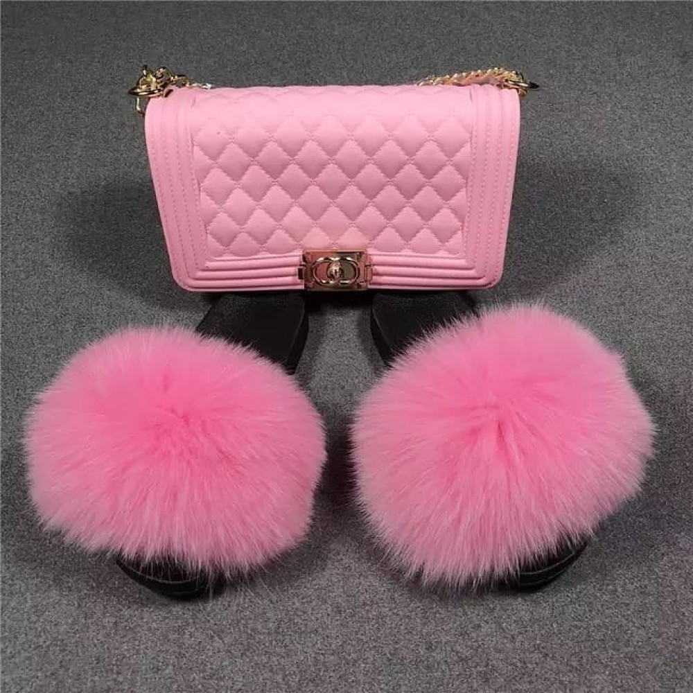 Fluffy Pink Fur Slides with Matching Jelly Purse