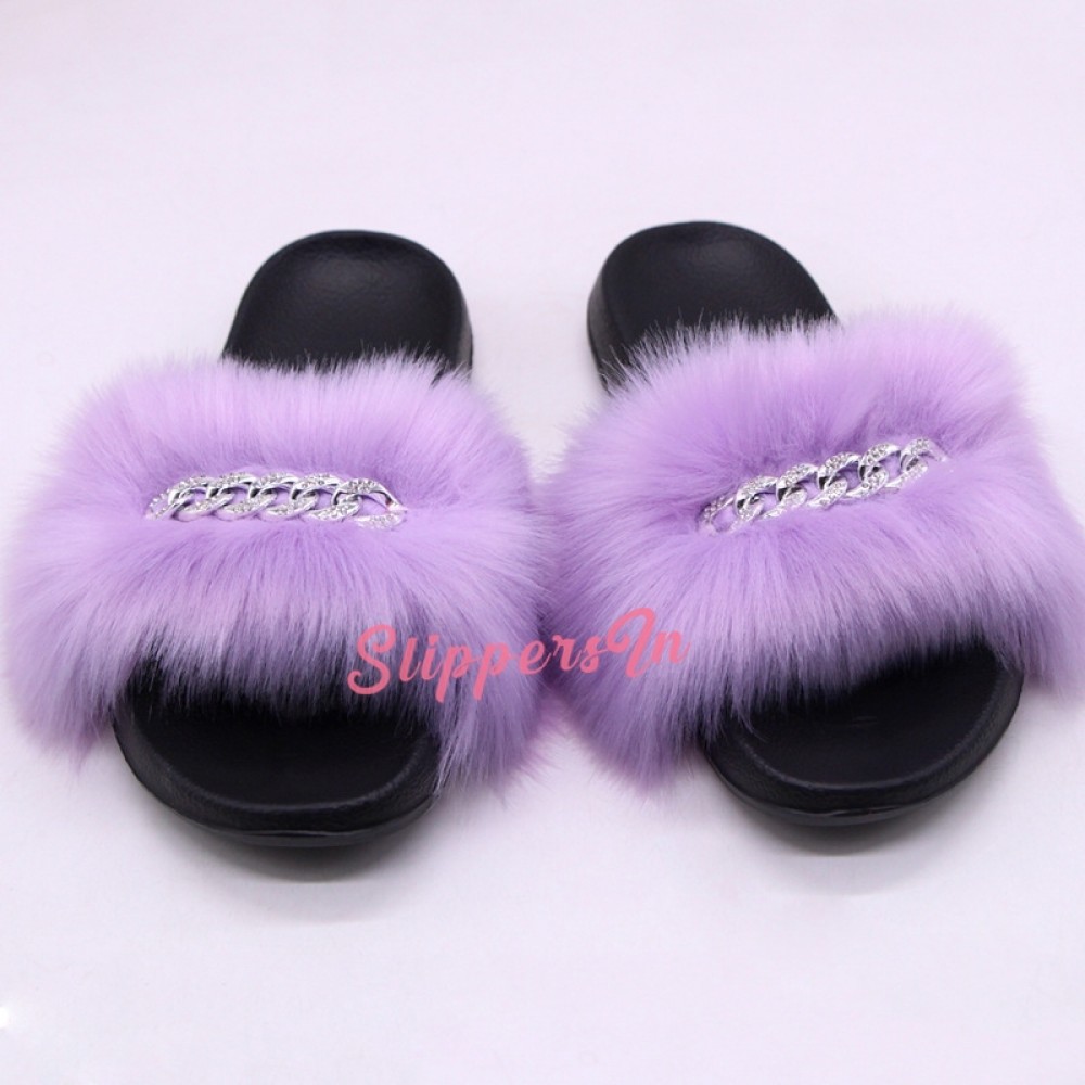 Fuzzy Women's Slides Shiny Beads Chains Decorated Flat Slippers