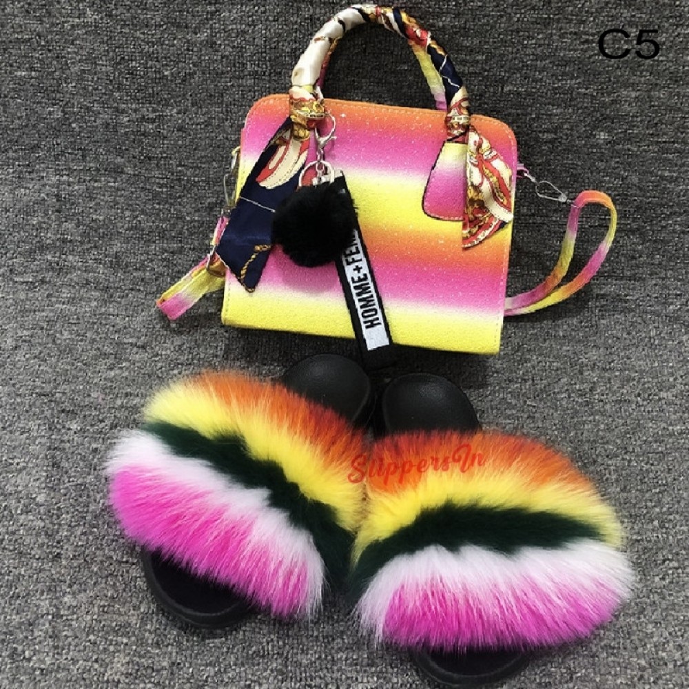 Fluffy Fur Slides with Matching Handbag Set