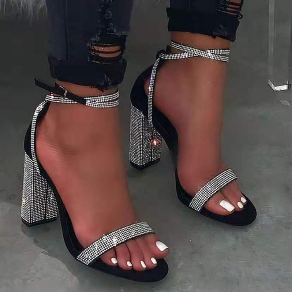 As Movement Dialogue Rhinestone Block Heels Ankle Strappy Bling Sandals for Women