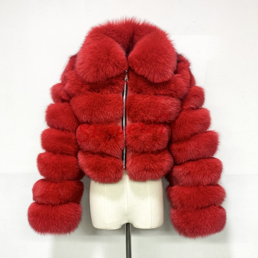 Red Fur Hooded Coat Women's Crop Faux Fur Jacket