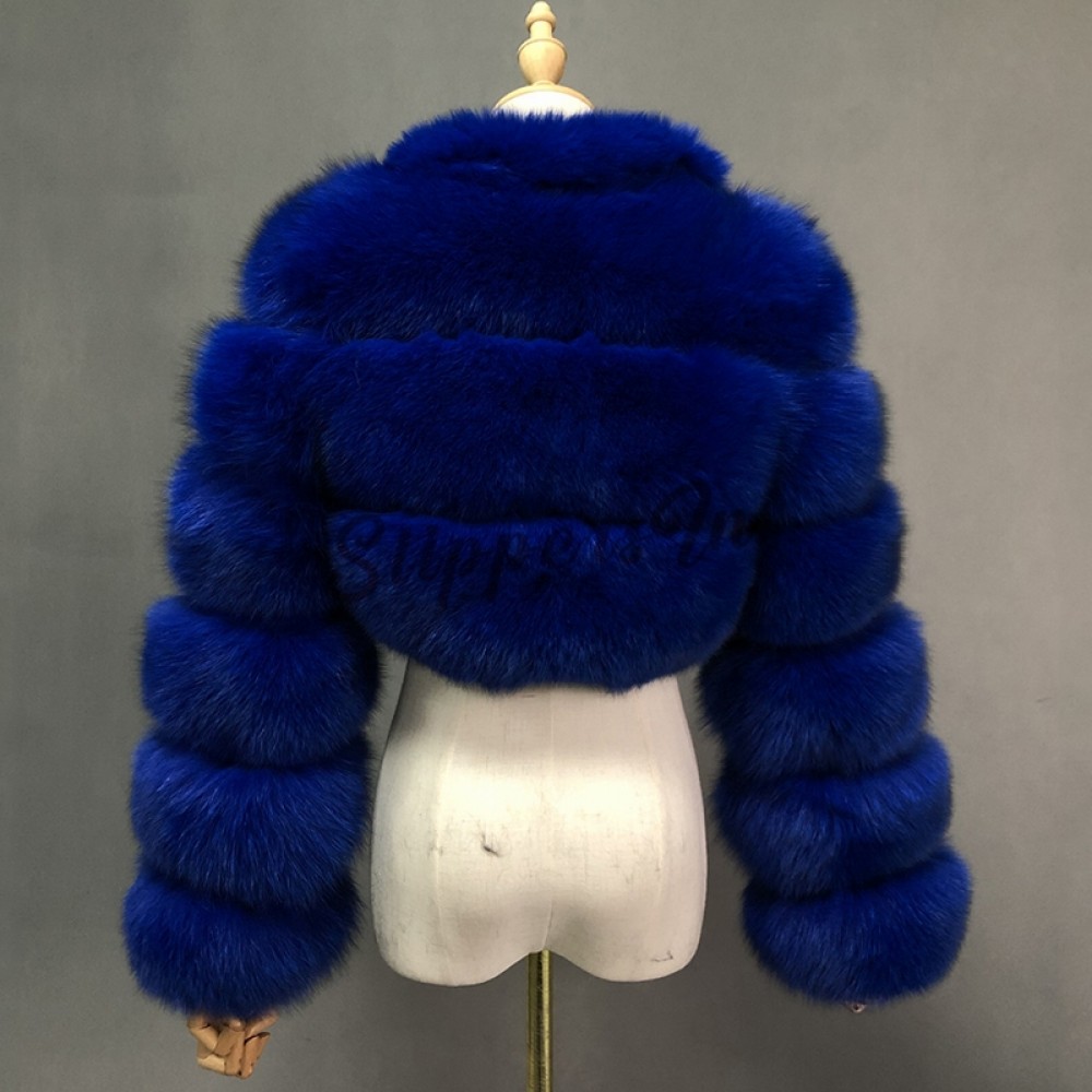 Women's Faux Fur Jacket Royal Blue Hooded Short Fur Coat