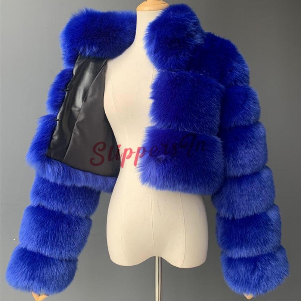 Women's Faux Fur Jacket Royal Blue Hooded Short Fur Coat