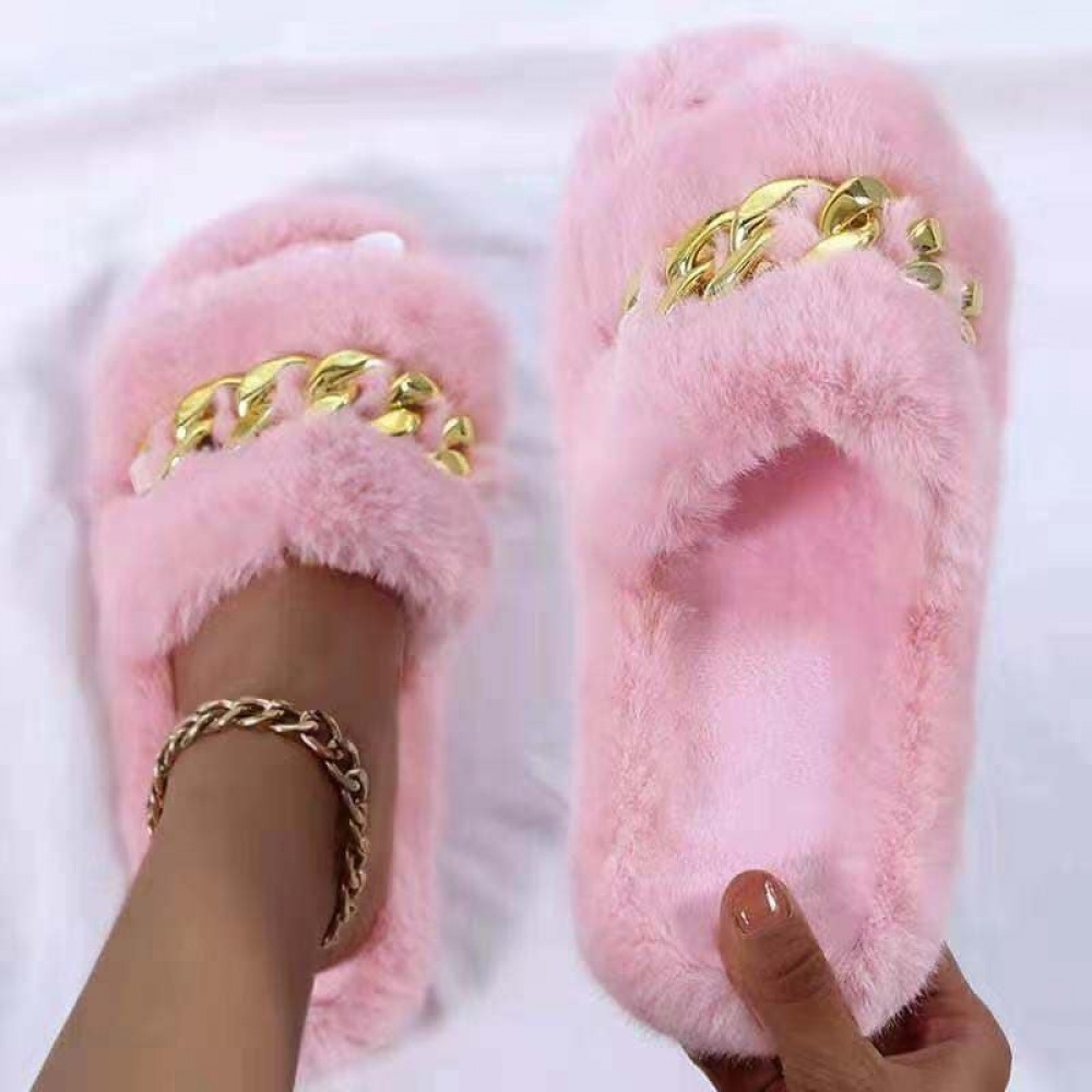 Ladies Sliders Slippers Chain Gold Faux Fur Womens Summer Sandals Shoes Sizes
