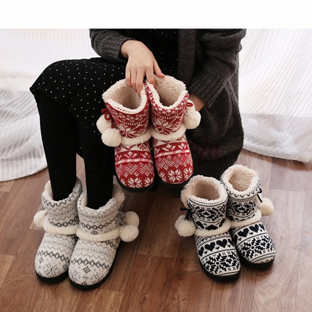 LADIES SPOT ON X2035 POM POM BOOTIE HOUSE SLIPPERS WARM WINTER BOW PULL ON SIZE 