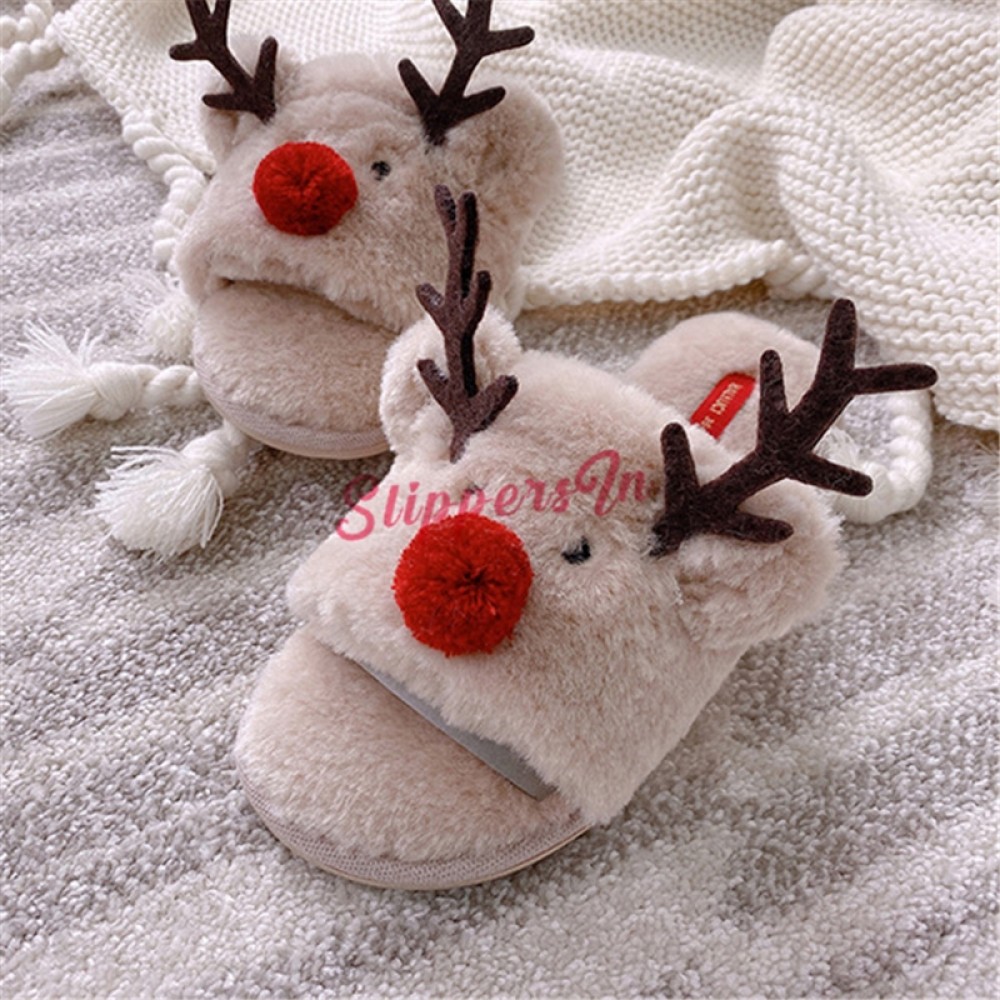 Ladies Womens Winter Warm Soft Furry Flat Slipper Mule Reindeer Christmas Design 