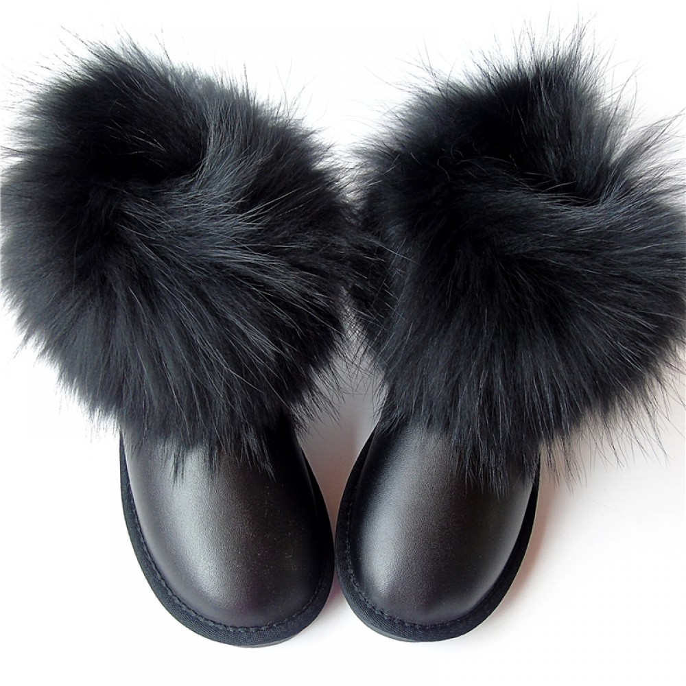 Women's Black Ankle Boots with Fur Trim Leather Booties