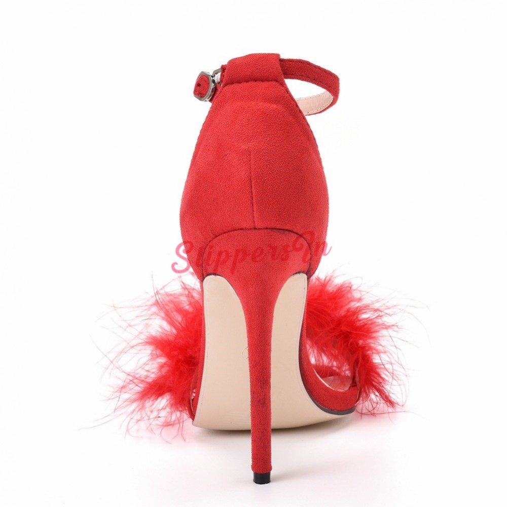 Women's Red Feather Heels Pointed Toe Stiletto Sandals